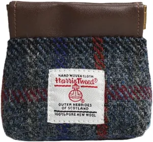 Harris Tweed Coin Purse Lipstick pouch,Wool PU Leather Portable Cosmetic Bags for Women (Blue red)