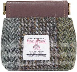 Harris Tweed Coin Purse Lipstick pouch,Wool PU Leather Portable Cosmetic Bags for Women (Grey Green)