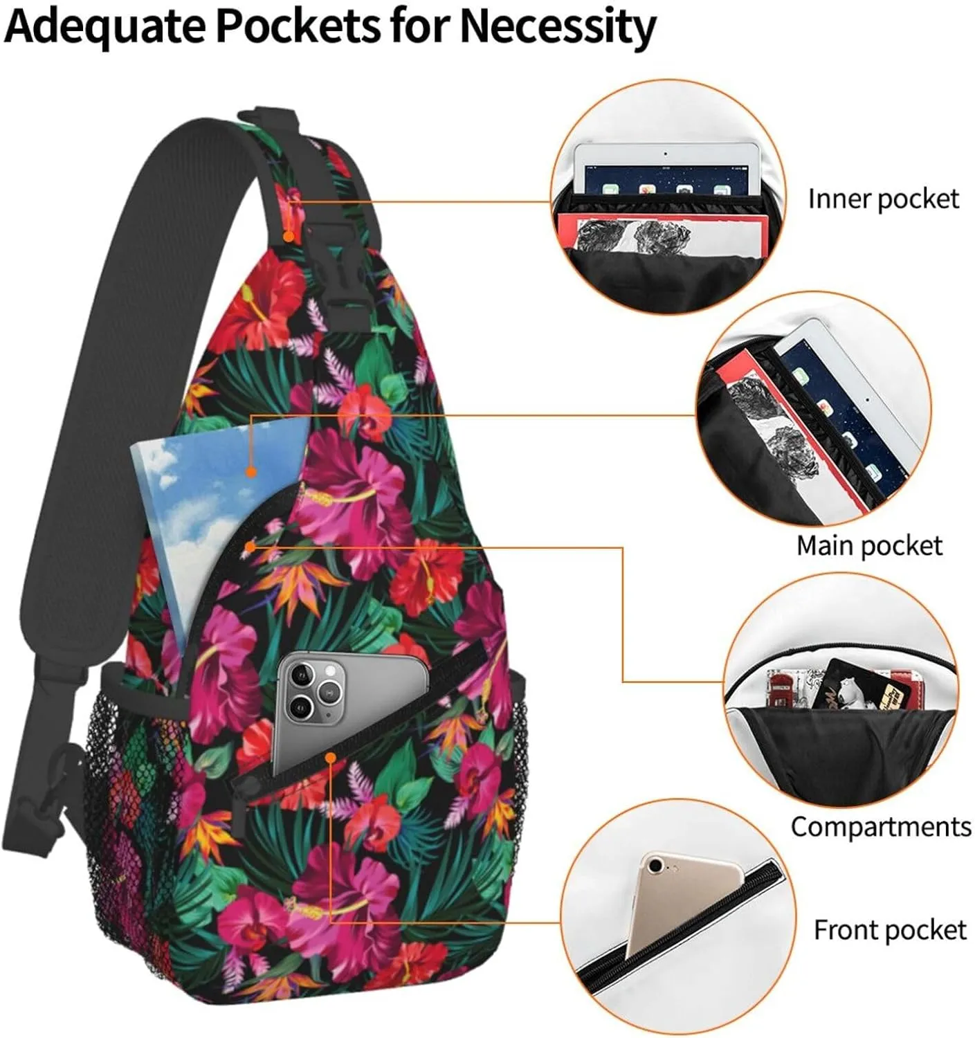 Hawaii Sling Backpack,Flower Floral Shoulder Bags Crossbody Chest Bag for Women Men Travel Hiking Climbing Daypack