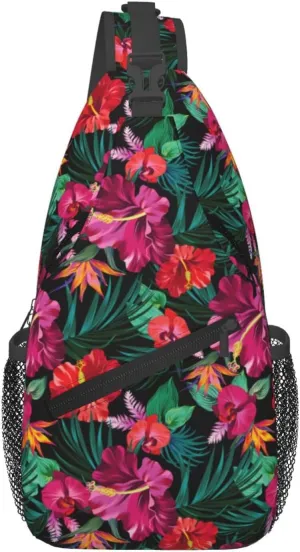 Hawaii Sling Backpack,Flower Floral Shoulder Bags Crossbody Chest Bag for Women Men Travel Hiking Climbing Daypack