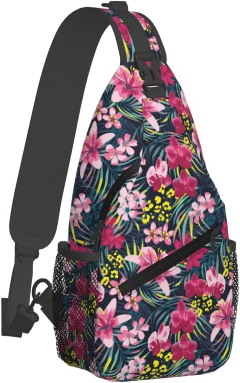 Hawaii Sling Backpack,Flower Floral Shoulder Bags Crossbody Chest Bag for Women Men Travel Hiking Climbing Daypack