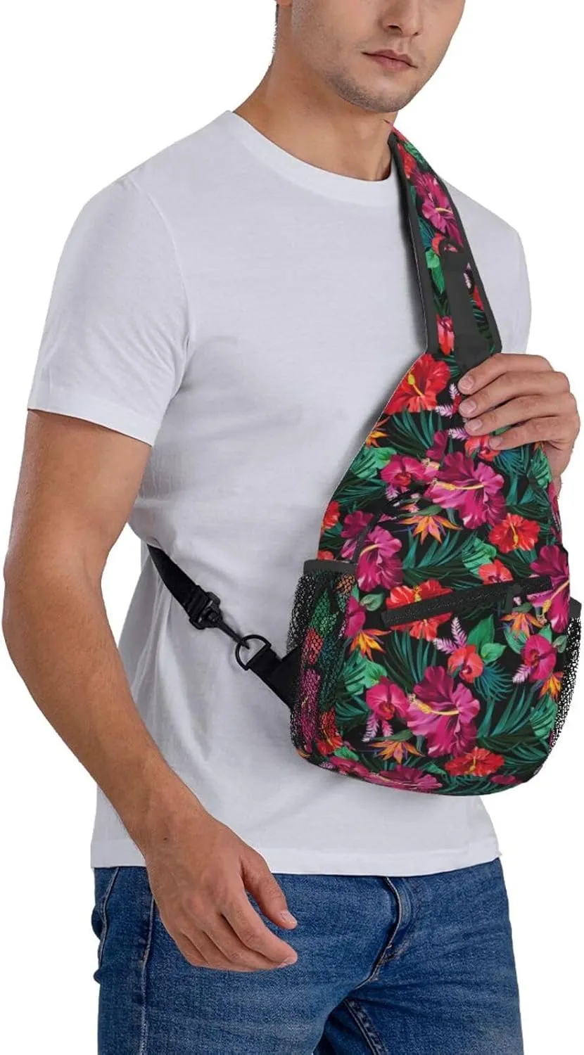 Hawaii Sling Backpack,Flower Floral Shoulder Bags Crossbody Chest Bag for Women Men Travel Hiking Climbing Daypack