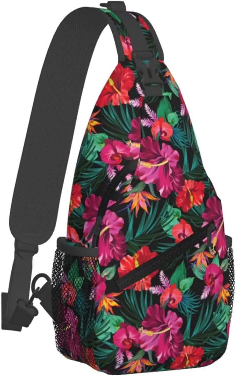 Hawaii Sling Backpack,Flower Floral Shoulder Bags Crossbody Chest Bag for Women Men Travel Hiking Climbing Daypack