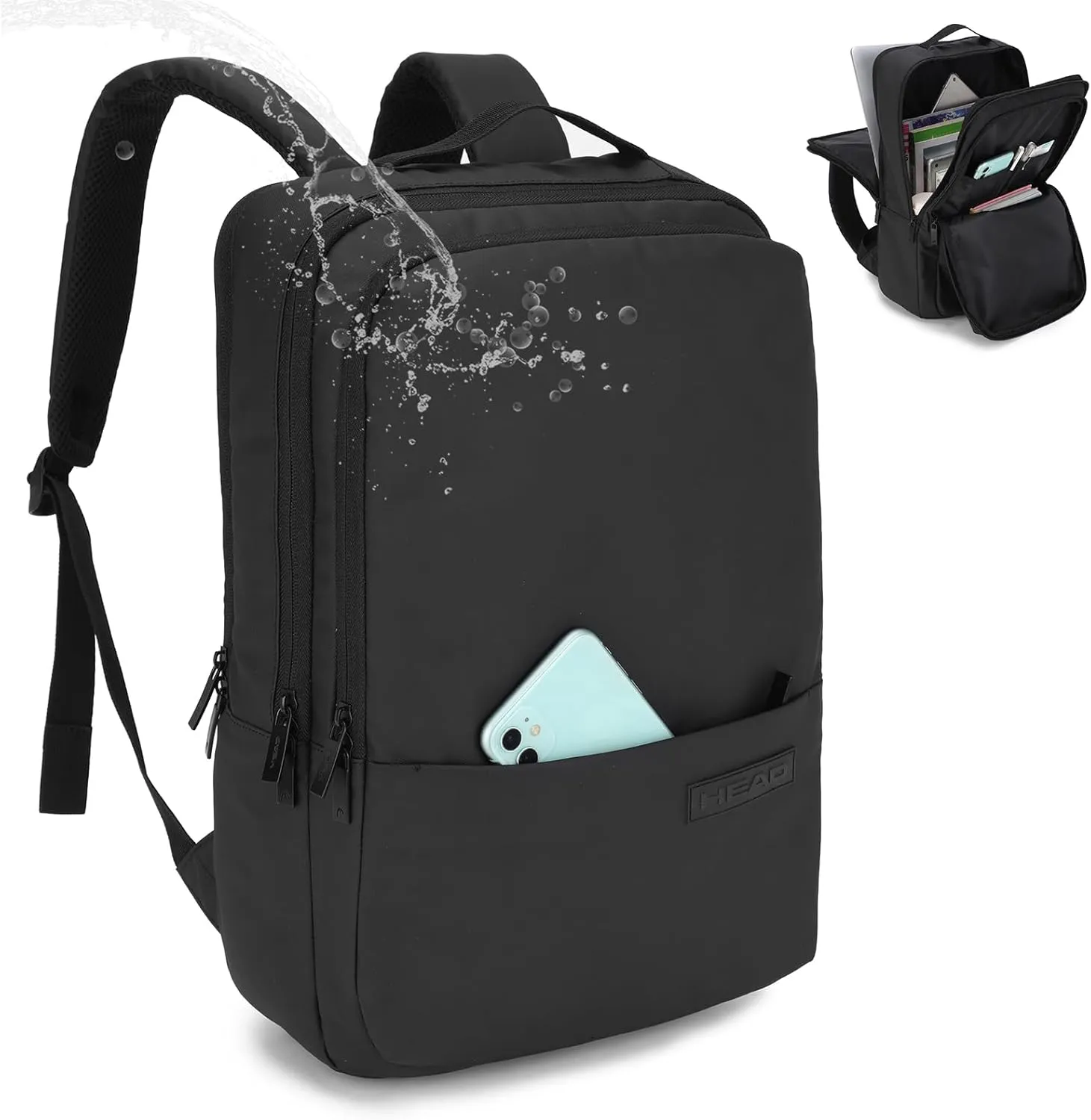 HEAD Slim Laptop Backpack for Men Fits 15.6 inch Computer, Work Backpacks with Trolley Sleeve and 3 Compartments, Lightweight Waterproof Travel Backpack for College/Business/Daily/Outdoor, Black