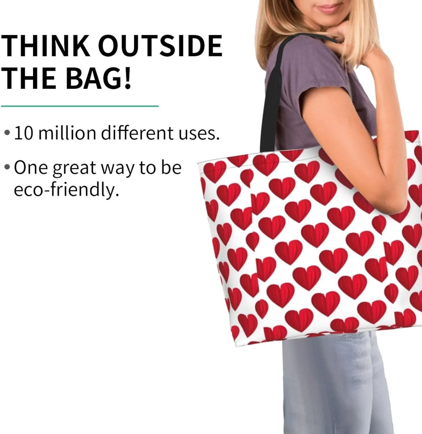 Heart Canvas Tote Bag Valentines Day Shoulder Bag Cute Casual Grocery Bags Cute Hearts Bag for Outdoor
