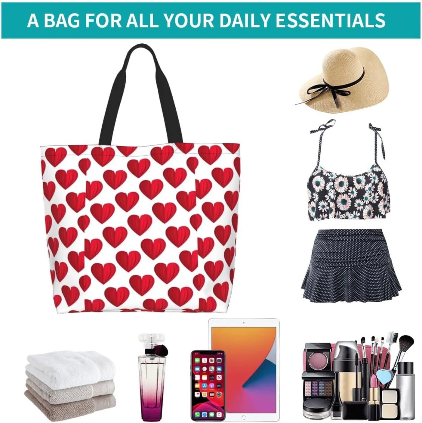 Heart Canvas Tote Bag Valentines Day Shoulder Bag Cute Casual Grocery Bags Cute Hearts Bag for Outdoor