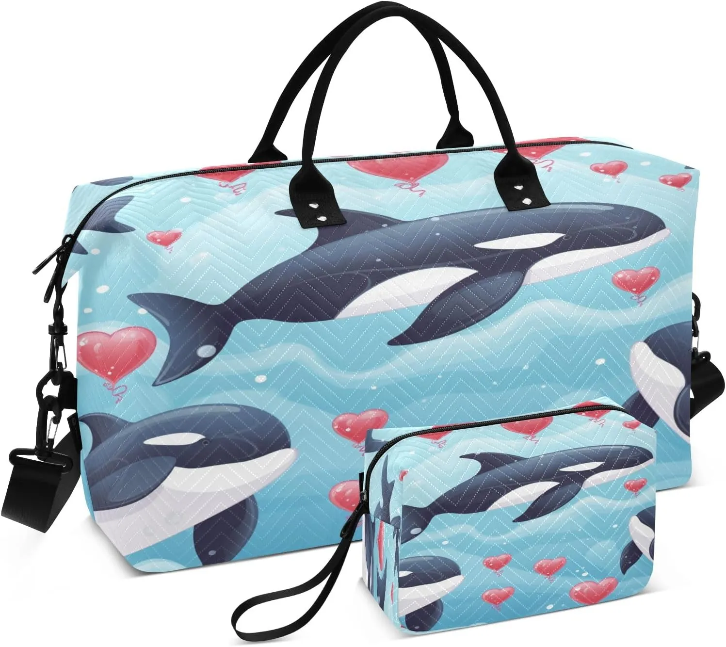 Hearts on Float with Whales Travel Duffel Bags with Toiletry Bag and Adjustable Strap for Travel Gym Yoga