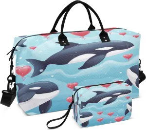 Hearts on Float with Whales Travel Duffel Bags with Toiletry Bag and Adjustable Strap for Travel Gym Yoga