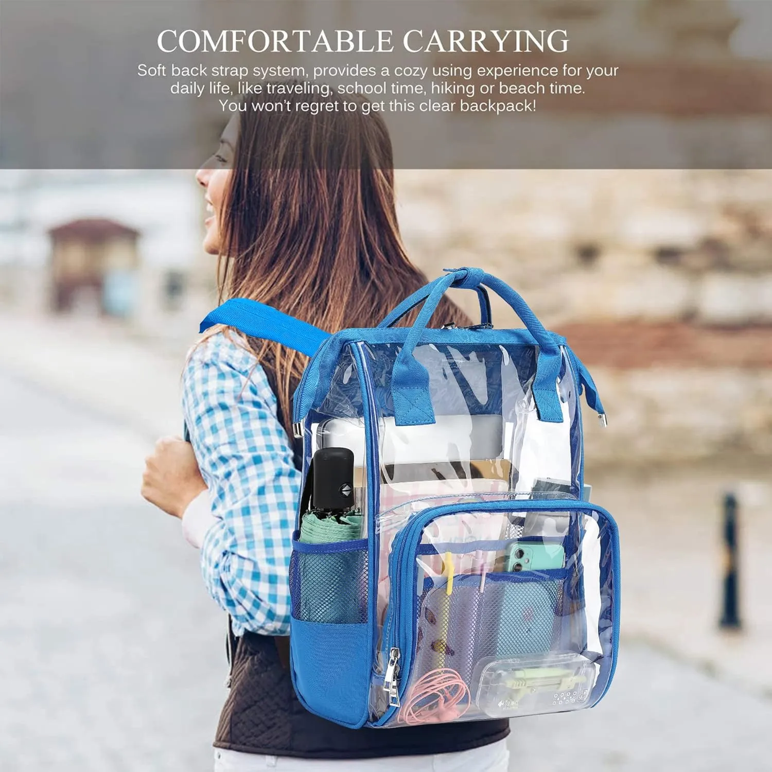 Heavy Duty Clear Backpack for Men Women, School Bag Bookbag PVC Plastic Transparent Backpacks for Boys Girls (Blue)