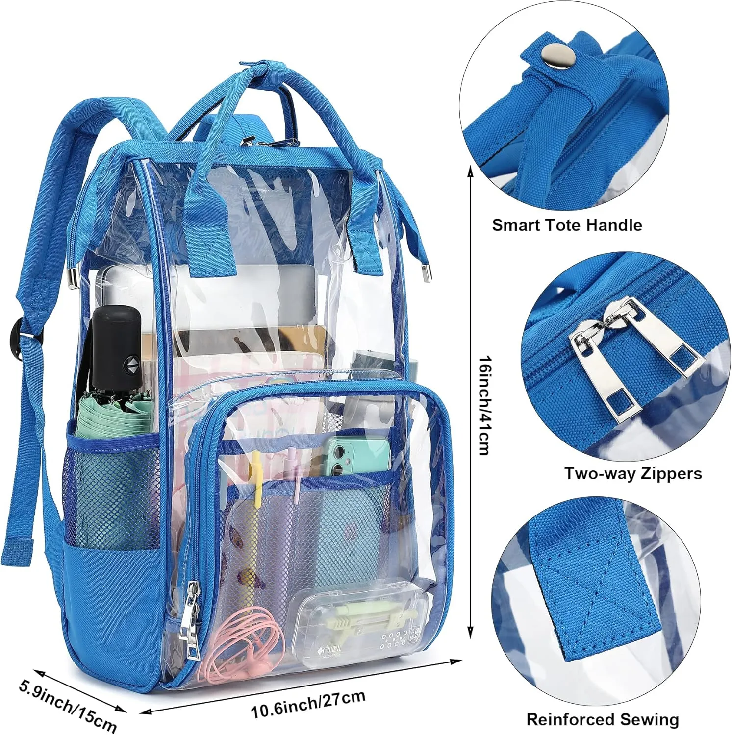 Heavy Duty Clear Backpack for Men Women, School Bag Bookbag PVC Plastic Transparent Backpacks for Boys Girls (Blue)