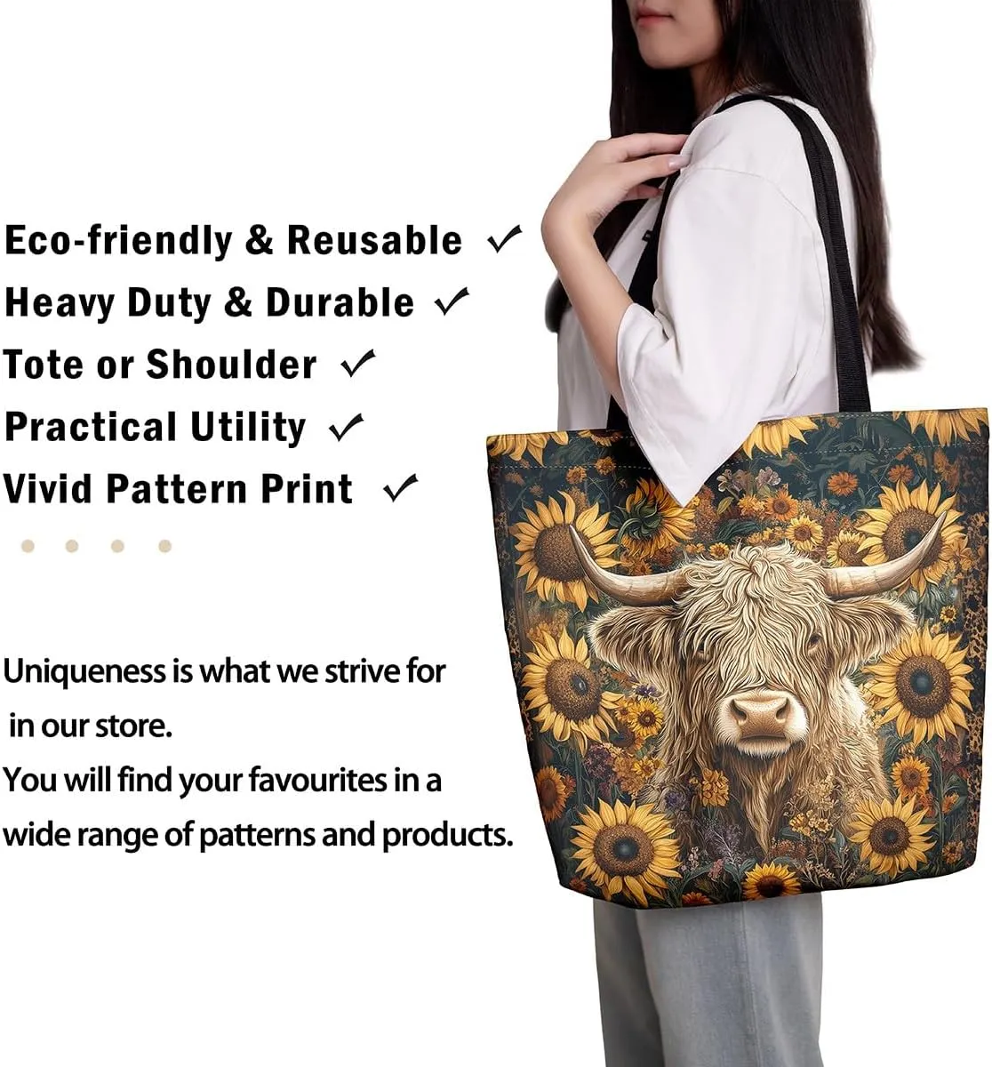 Highland Cow Canvas Tote Bag,Bull Cattle Tote Bag,Western Funny Animal Shopping Grocery Bags