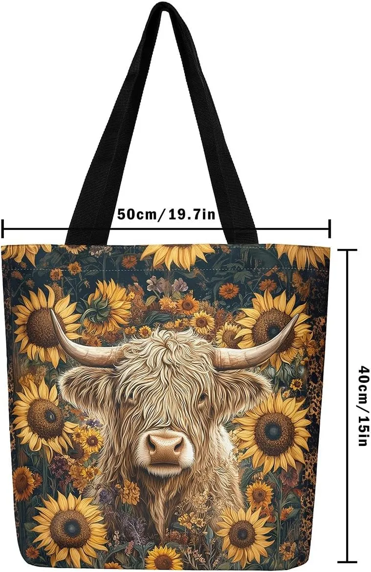 Highland Cow Canvas Tote Bag,Bull Cattle Tote Bag,Western Funny Animal Shopping Grocery Bags