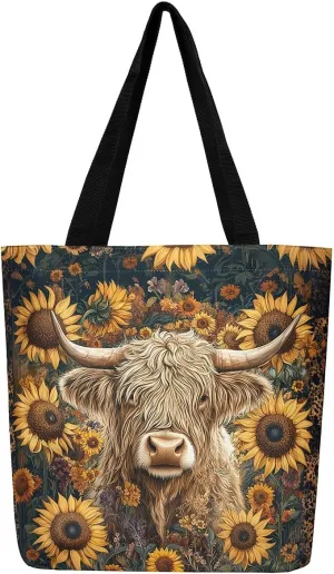 Highland Cow Canvas Tote Bag,Bull Cattle Tote Bag,Western Funny Animal Shopping Grocery Bags