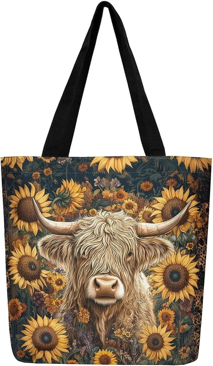 Highland Cow Canvas Tote Bag,Bull Cattle Tote Bag,Western Funny Animal Shopping Grocery Bags