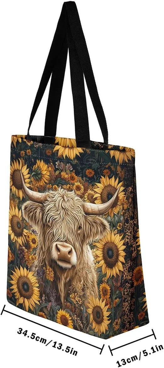 Highland Cow Canvas Tote Bag,Bull Cattle Tote Bag,Western Funny Animal Shopping Grocery Bags