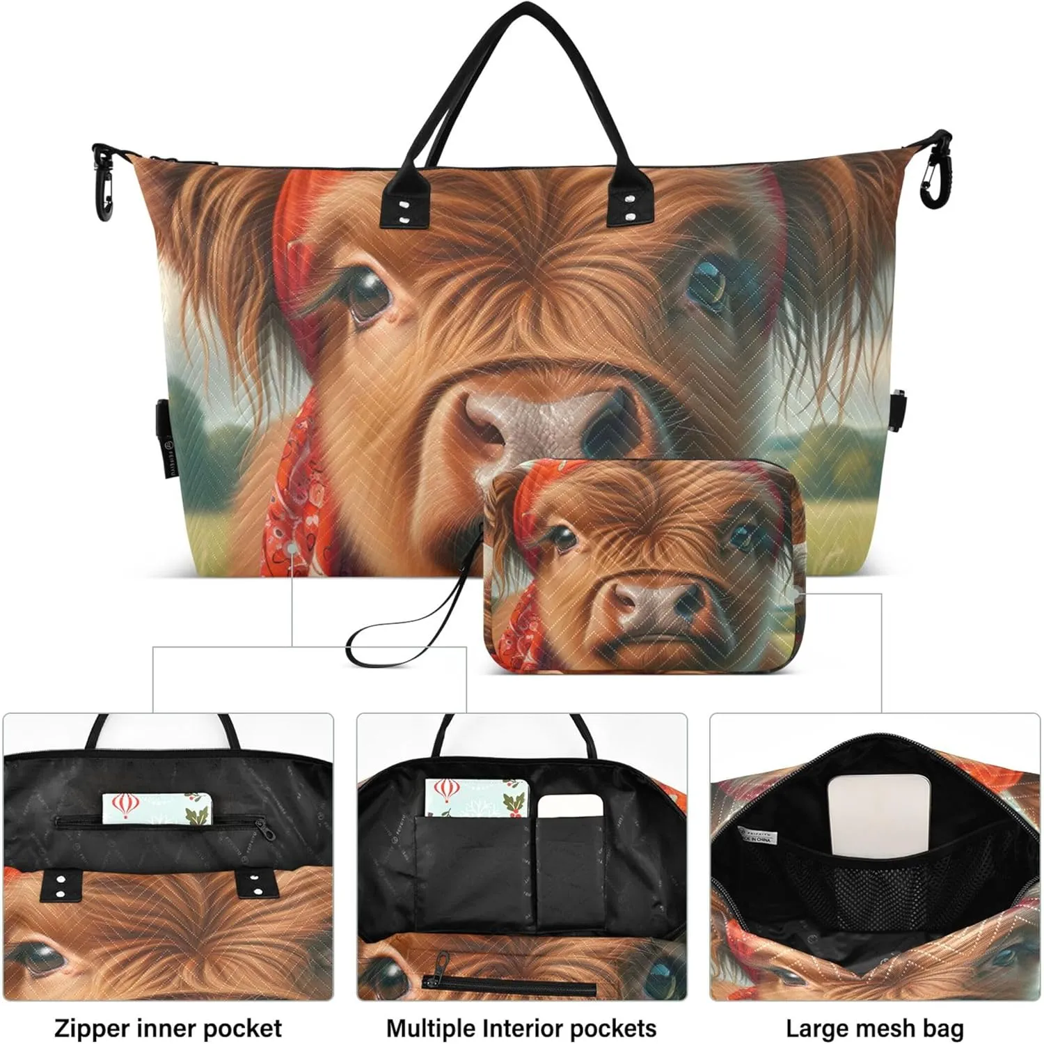 Highland Cow Cute Calf Duffle Travel Bags Cosmetic Bags Set of 2, Decorative Women Tote Gym Bag Carry on Bags for Airplanes