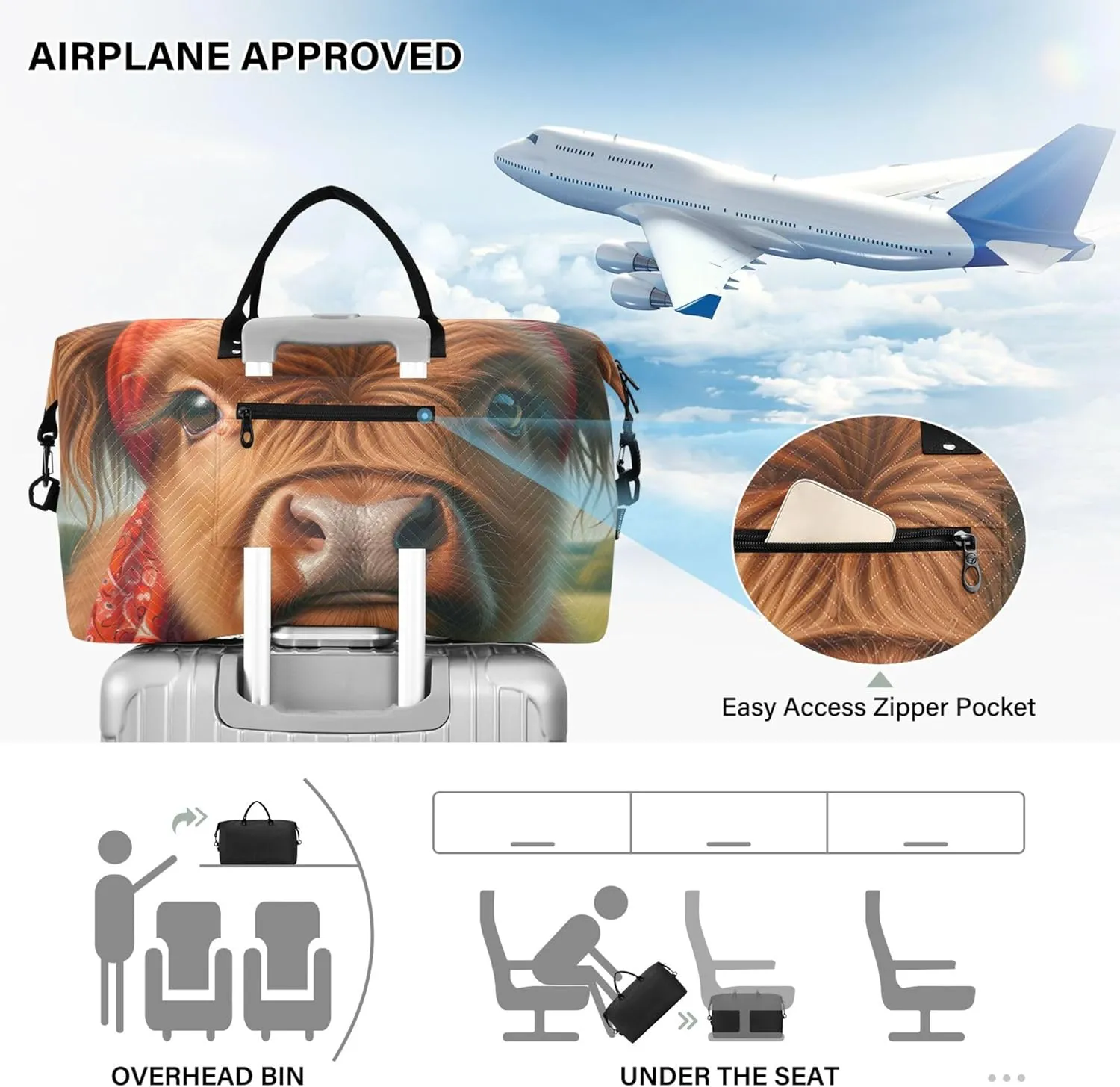 Highland Cow Cute Calf Duffle Travel Bags Cosmetic Bags Set of 2, Decorative Women Tote Gym Bag Carry on Bags for Airplanes