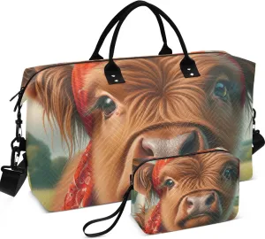 Highland Cow Cute Calf Duffle Travel Bags Cosmetic Bags Set of 2, Decorative Women Tote Gym Bag Carry on Bags for Airplanes