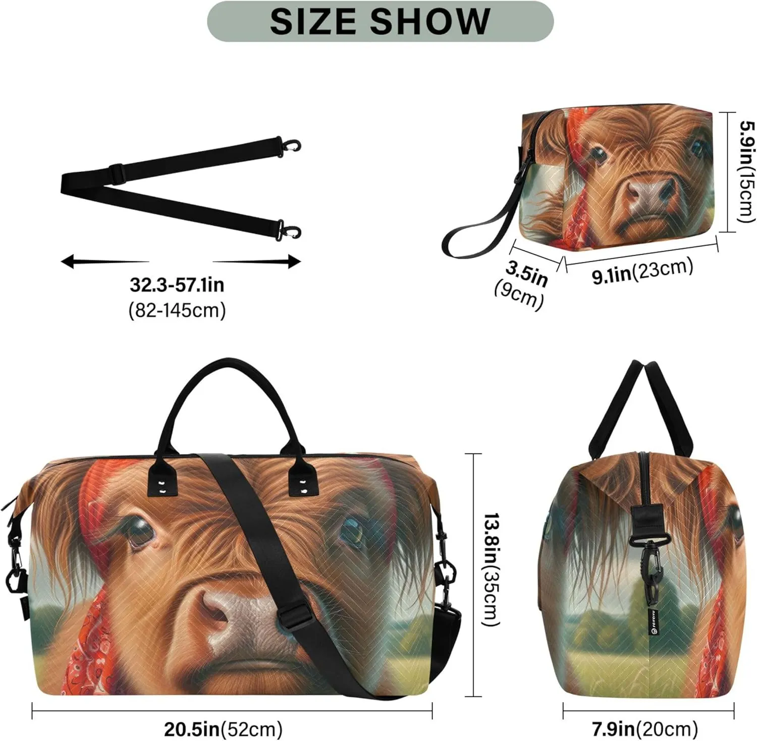 Highland Cow Cute Calf Duffle Travel Bags Cosmetic Bags Set of 2, Decorative Women Tote Gym Bag Carry on Bags for Airplanes