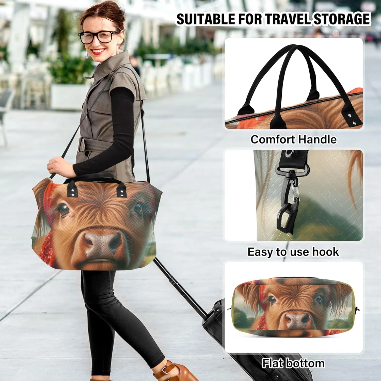Highland Cow Cute Calf Duffle Travel Bags Cosmetic Bags Set of 2, Decorative Women Tote Gym Bag Carry on Bags for Airplanes