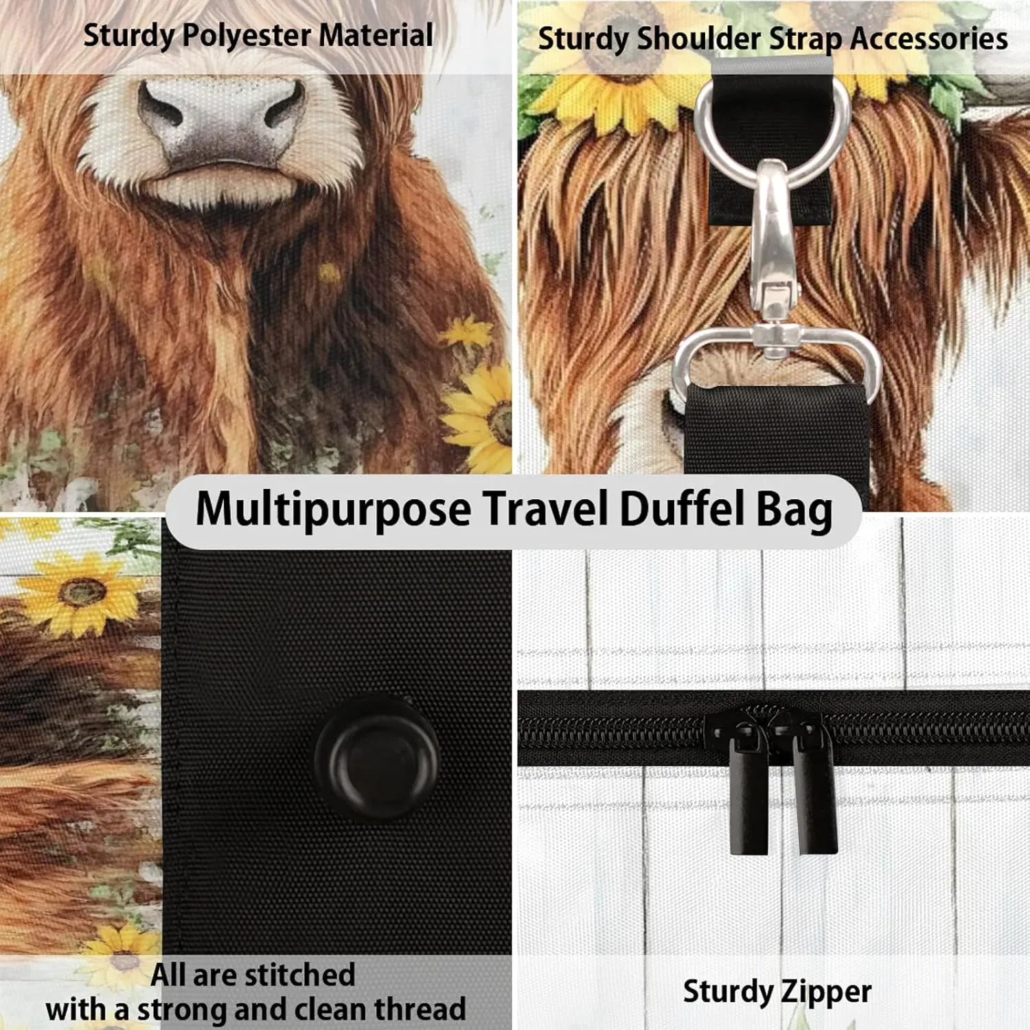Highland Cow Duffle Bag for Travel, Overnight Weekend Gym Carry On Luggage Bag, Funny Cattle Bull Cow Travel Duffel Bag for Men Women
