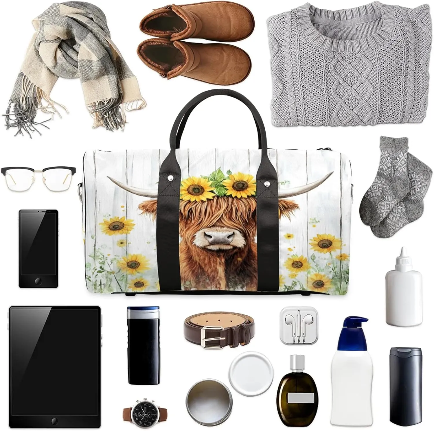 Highland Cow Duffle Bag for Travel, Overnight Weekend Gym Carry On Luggage Bag, Funny Cattle Bull Cow Travel Duffel Bag for Men Women