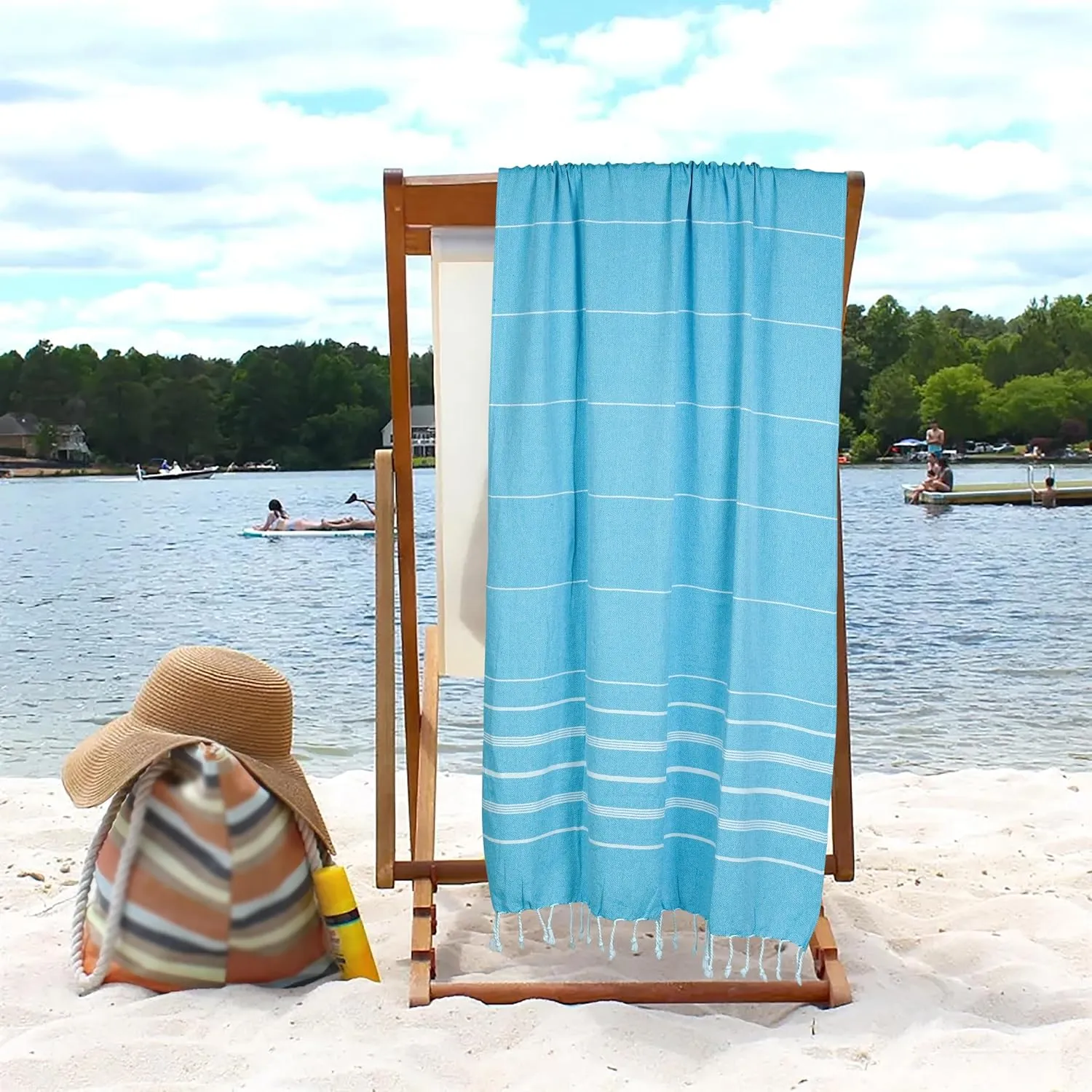HILLFAIR Cotton Turkish Beach Towels, Quick Dry Lightweight Sand Free Peshtemal Towel for Bath Swim Yoga Pool Travel, Beach Accessories, Oversized Cotton Turkish Towels (39 x 72 inch- 4 Pack Sky)