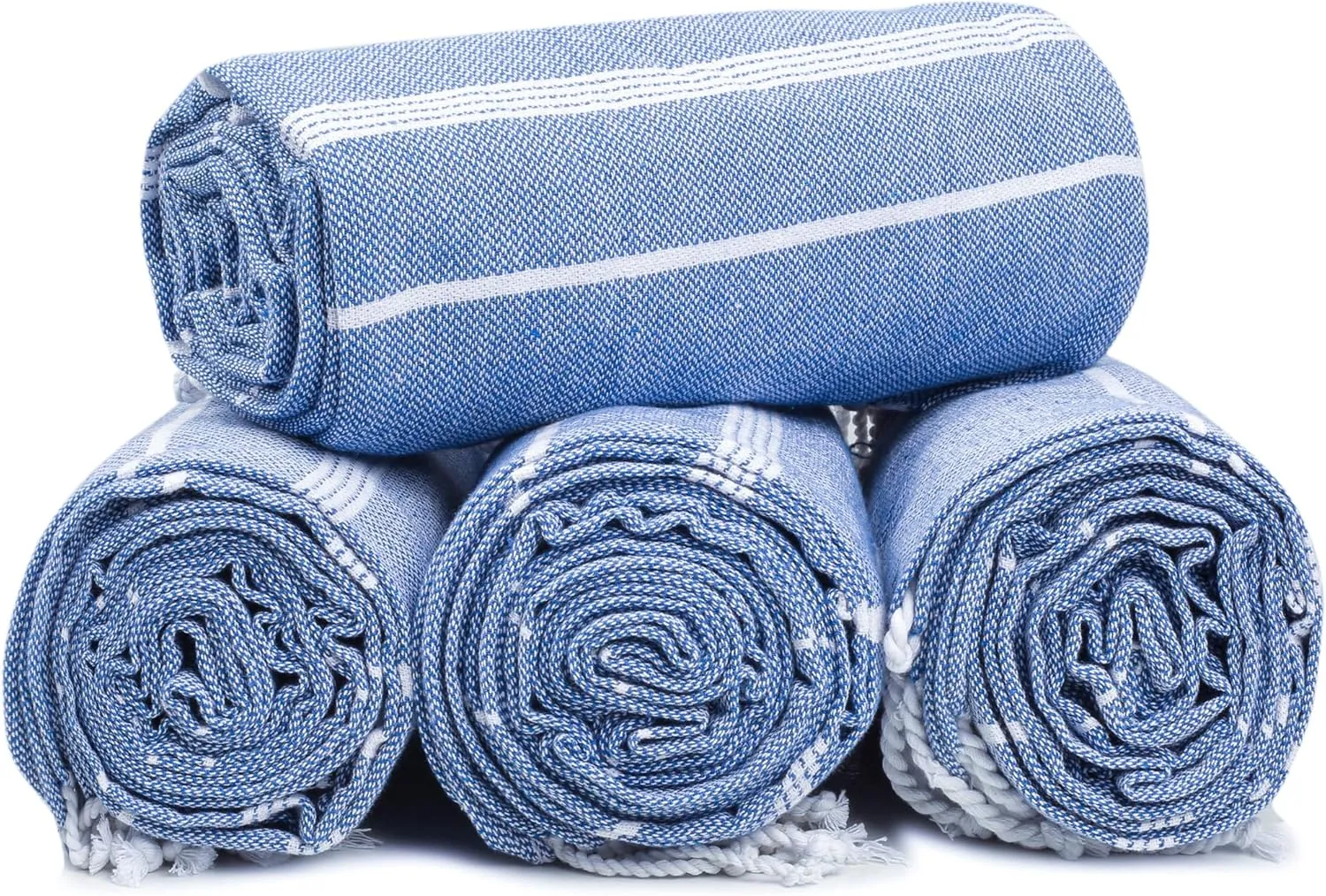 HILLFAIR Cotton Turkish Beach Towels, Quick Dry Lightweight Sand Free Peshtemal Towel for Bath Swim Yoga Spa Travel, Beach Accessories, Oversized Cotton Turkish Towels (39 x 72 inch- 4 Pack Blue)