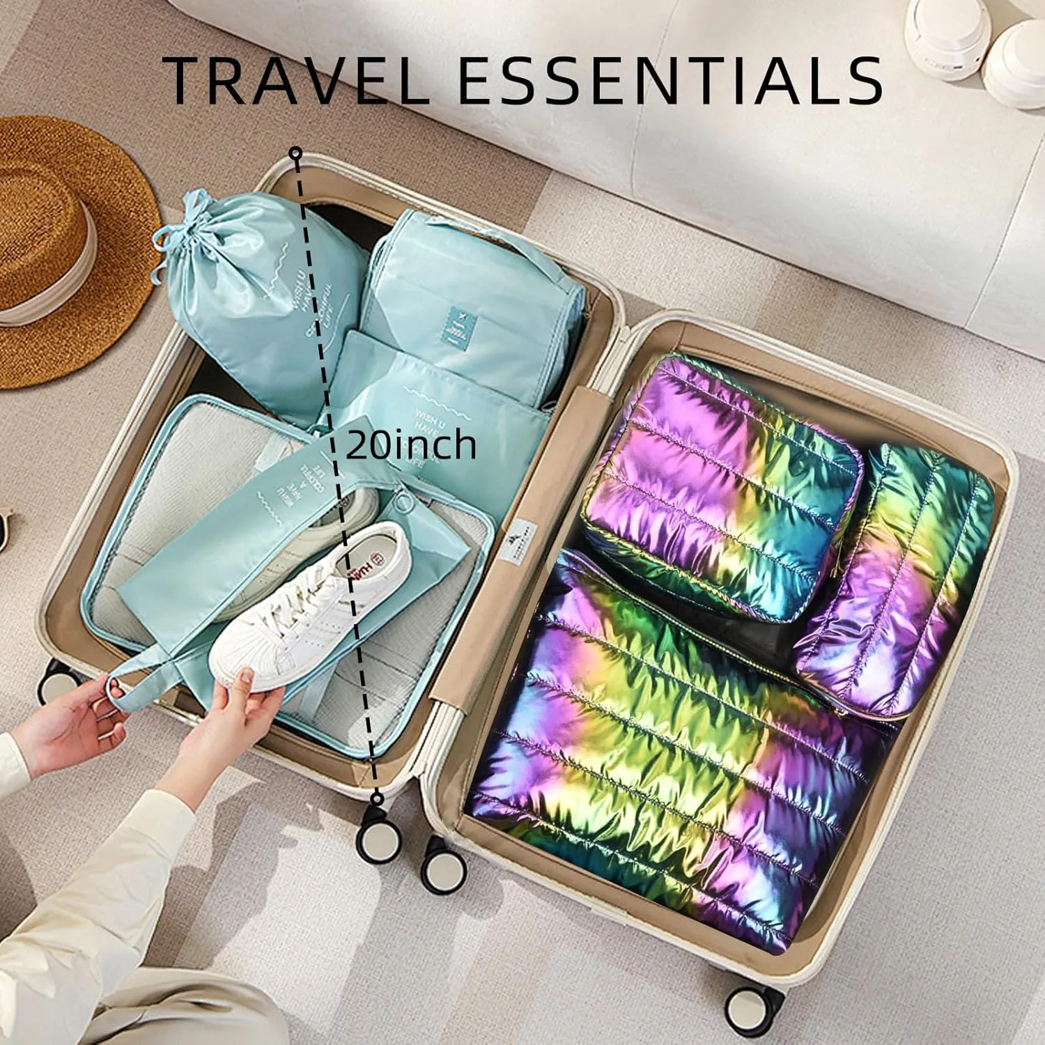 Hiroyuki 3pcs Iridescent Quilted Makeup Bag (plain, rainbow)