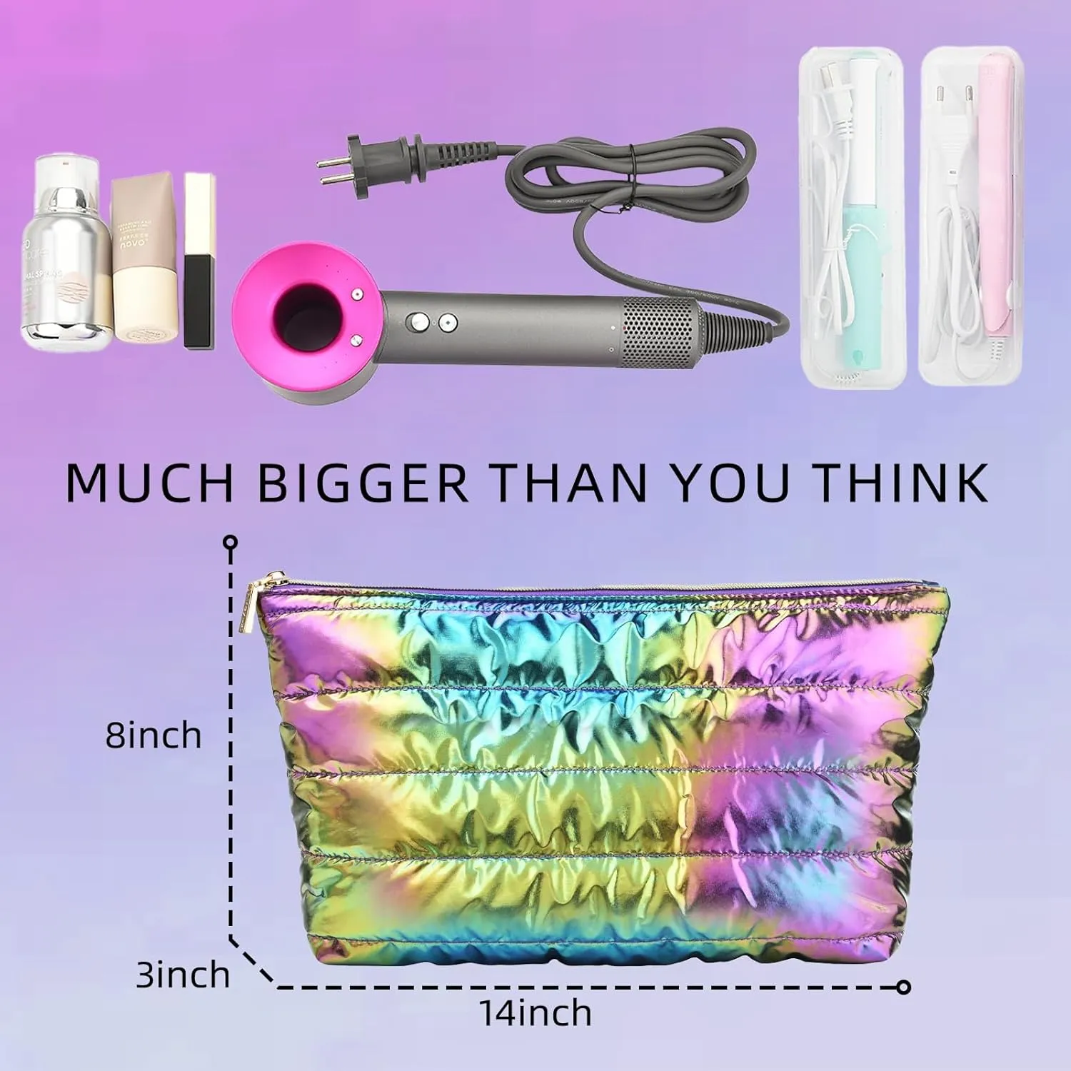 Hiroyuki 3pcs Iridescent Quilted Makeup Bag (plain, rainbow)