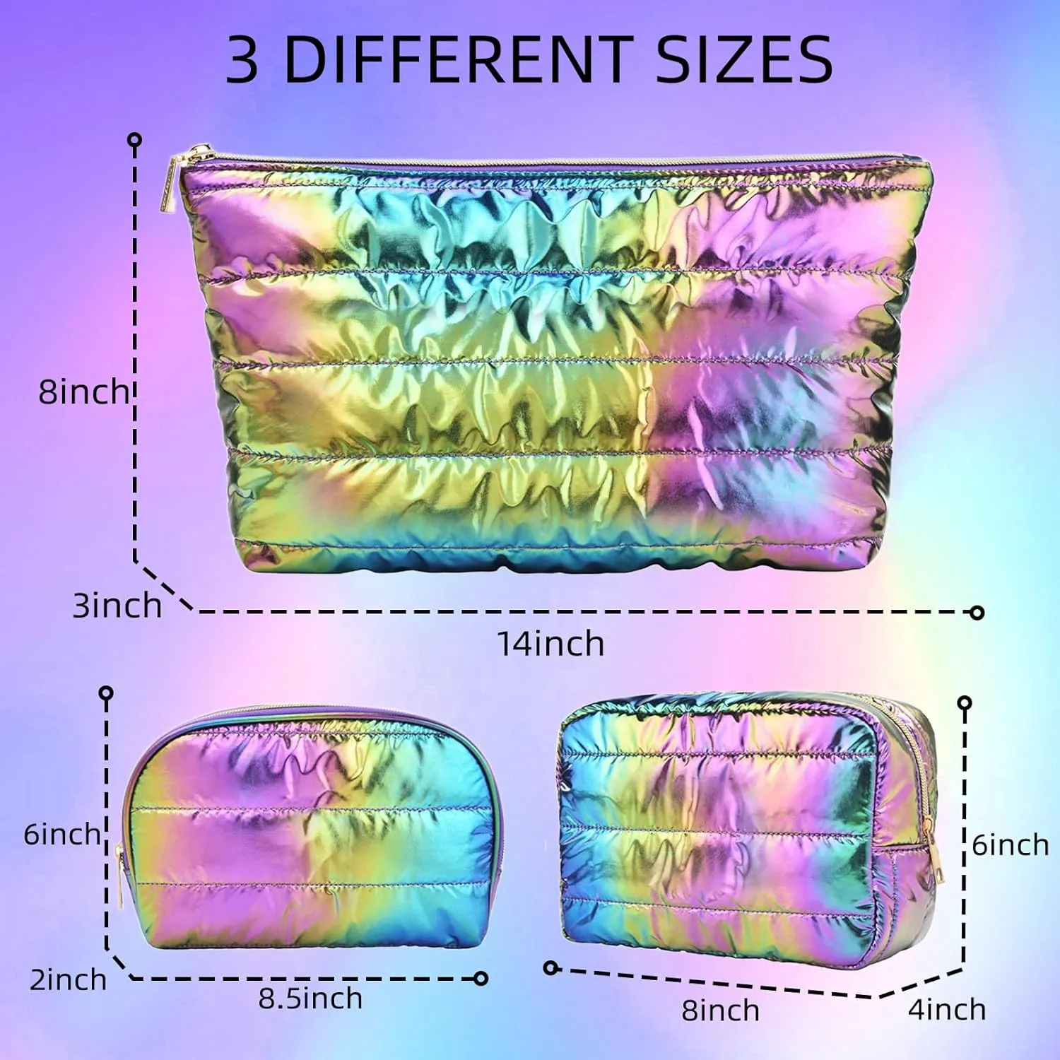Hiroyuki 3pcs Iridescent Quilted Makeup Bag (plain, rainbow)
