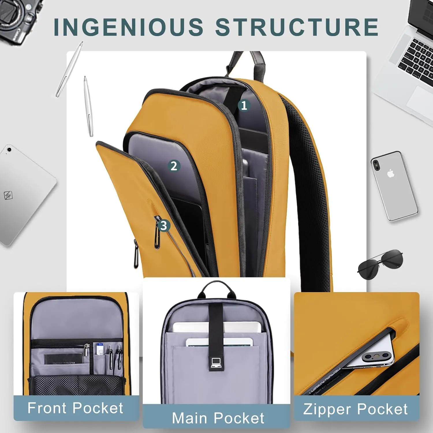 hk Backpack for Men Business Slim Backpack with USB Charger Computer Lightweight Anti-theft Travel (Yellow, 17.3 Inch)