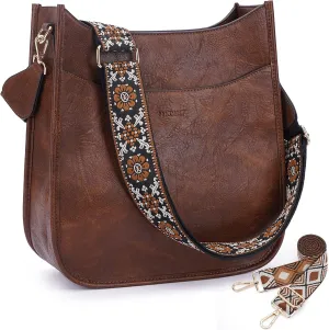 HKCLUF Crossbody Bag for Women Vegan Leather Hobo Handbags Guitar Strap Purse Shoulder Bucket Bag with 2PCS Adjustable Straps