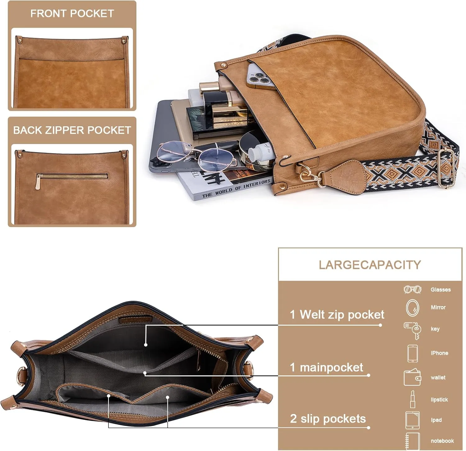 HKCLUF Crossbody Bags for Women Trendy Vegan Leather Hobo Handbags With 2PCS Adjustable Guitar Strap Shoulder Bucket Bags