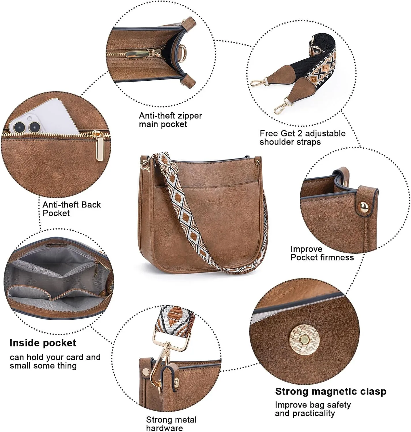 HKCLUF Crossbody Bags for Women Trendy Vegan Leather Hobo Handbags With 2PCS Adjustable Guitar Strap Shoulder Bucket Bags