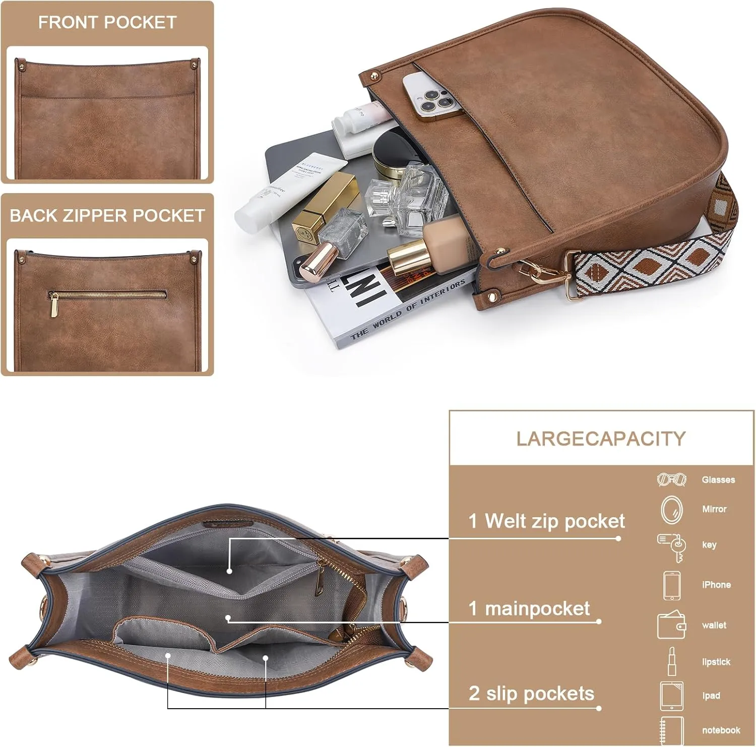 HKCLUF Crossbody Bags for Women Trendy Vegan Leather Hobo Handbags With 2PCS Adjustable Guitar Strap Shoulder Bucket Bags