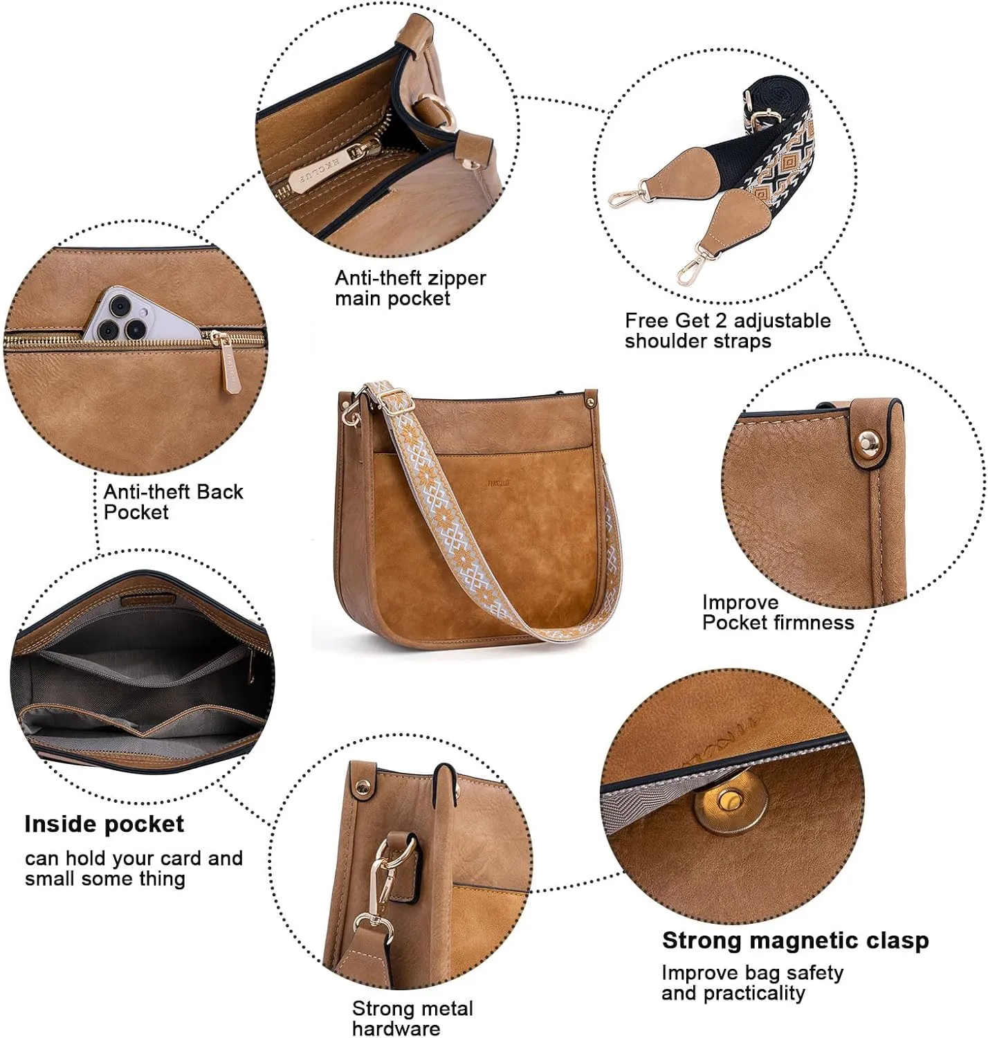 HKCLUF Crossbody Bags for Women Trendy Vegan Leather Hobo Handbags With 2PCS Adjustable Guitar Strap Shoulder Bucket Bags