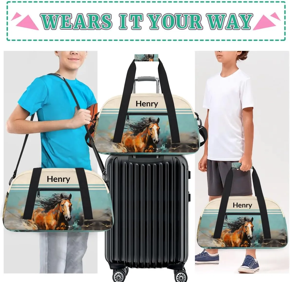 Horse Animal Personalized-Kids-Duffel-Bags Custom-Name-Travel-Bag for Boys Small Gym-Bag for Men Waterproof Luggage Bags for Boys