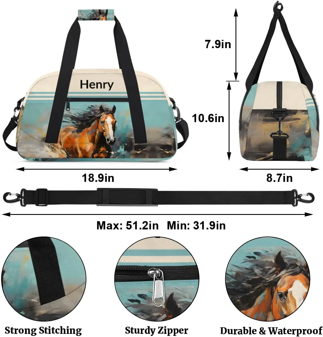 Horse Animal Personalized-Kids-Duffel-Bags Custom-Name-Travel-Bag for Boys Small Gym-Bag for Men Waterproof Luggage Bags for Boys