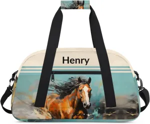Horse Animal Personalized-Kids-Duffel-Bags Custom-Name-Travel-Bag for Boys Small Gym-Bag for Men Waterproof Luggage Bags for Boys