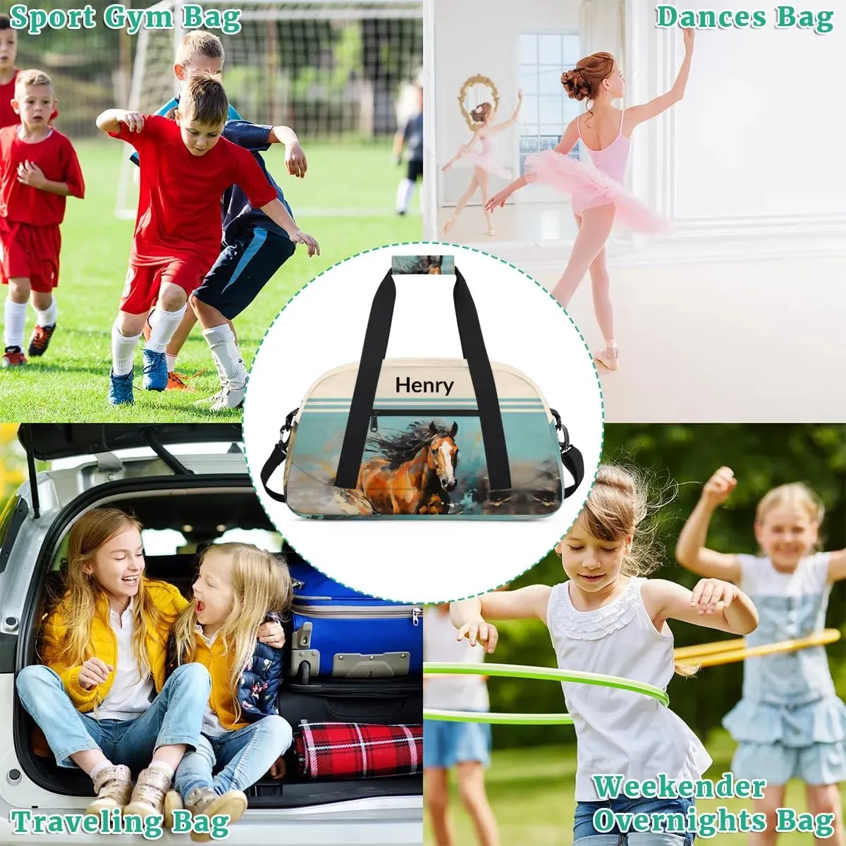 Horse Animal Personalized-Kids-Duffel-Bags Custom-Name-Travel-Bag for Boys Small Gym-Bag for Men Waterproof Luggage Bags for Boys