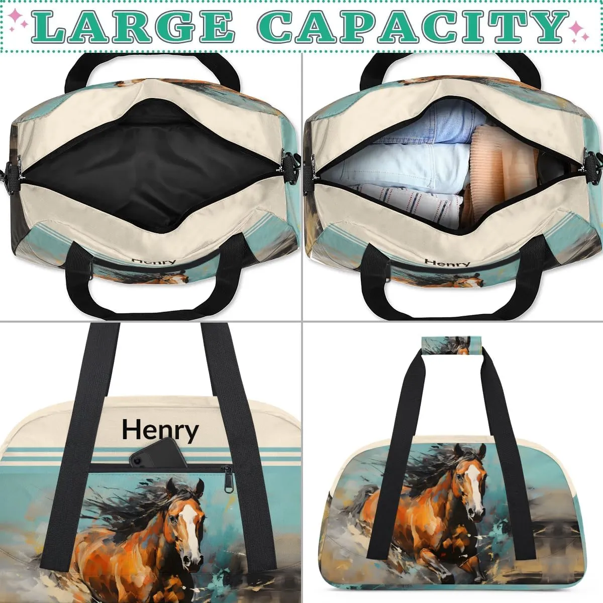 Horse Animal Personalized-Kids-Duffel-Bags Custom-Name-Travel-Bag for Boys Small Gym-Bag for Men Waterproof Luggage Bags for Boys