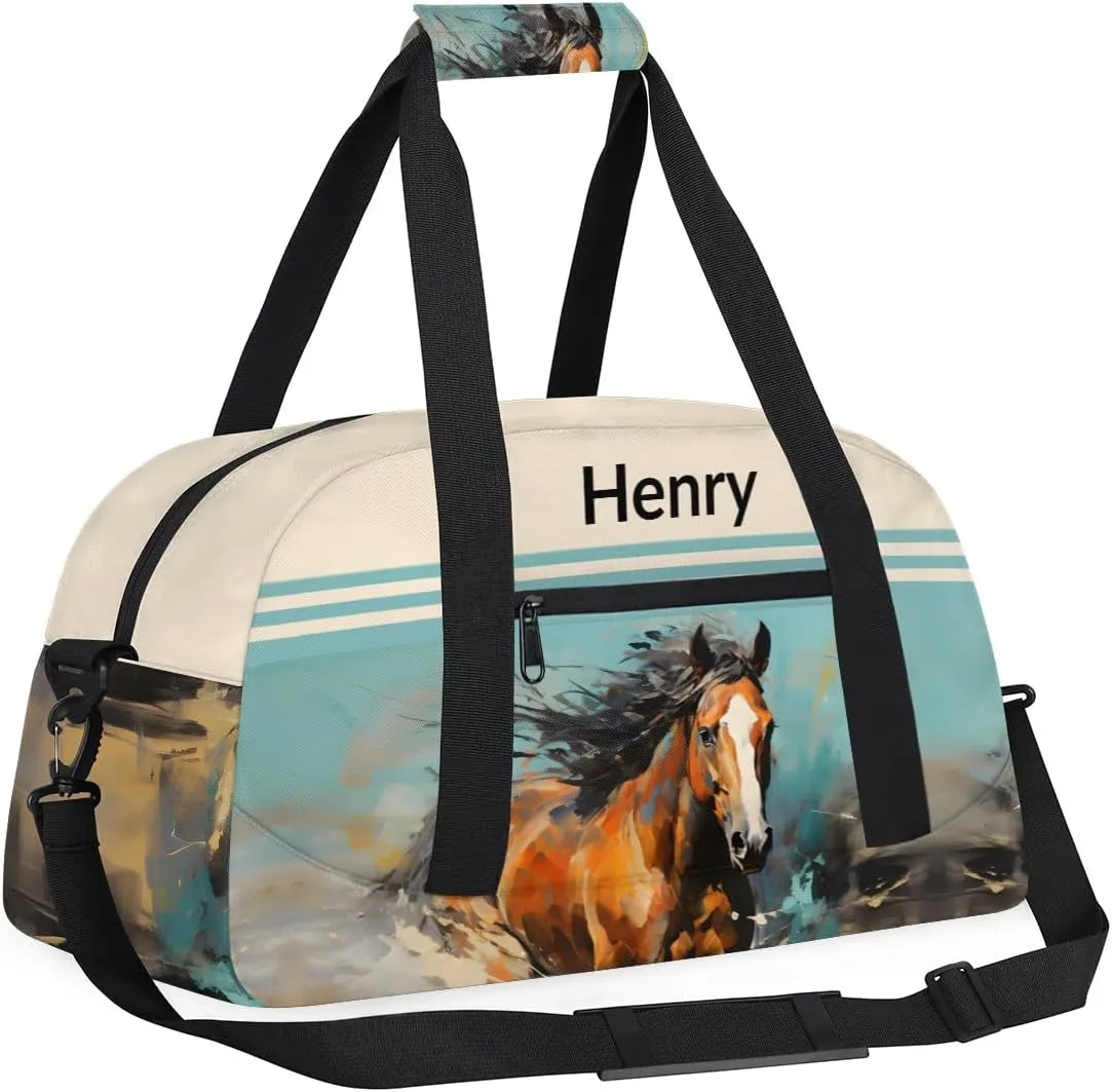 Horse Animal Personalized-Kids-Duffel-Bags Custom-Name-Travel-Bag for Boys Small Gym-Bag for Men Waterproof Luggage Bags for Boys