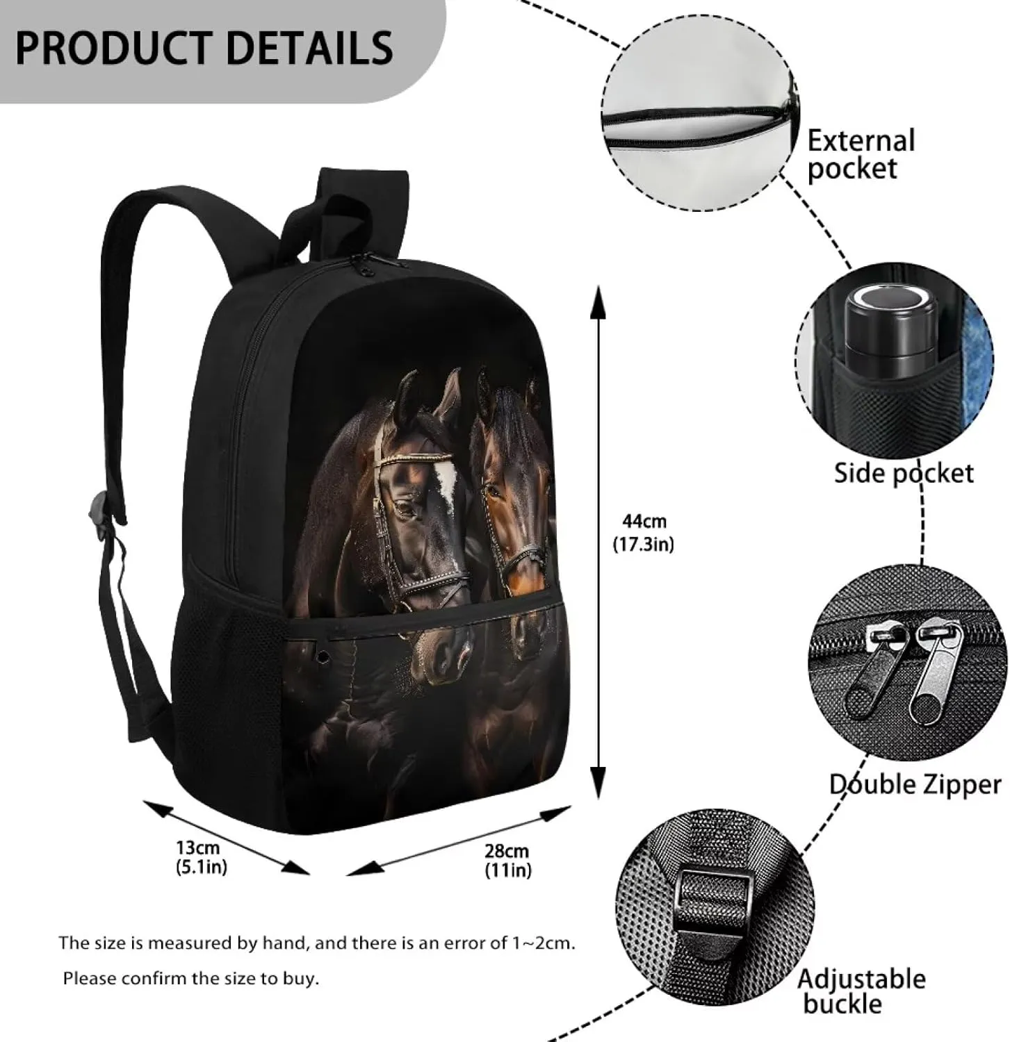 Horse Backpacks 5th Girls Boy Backpack Ages 6-8 Elementary School Book Bag with Adjustable Shoulder Strap & Zip Pocket Animal Print Kids School Bags for Boys 7-10