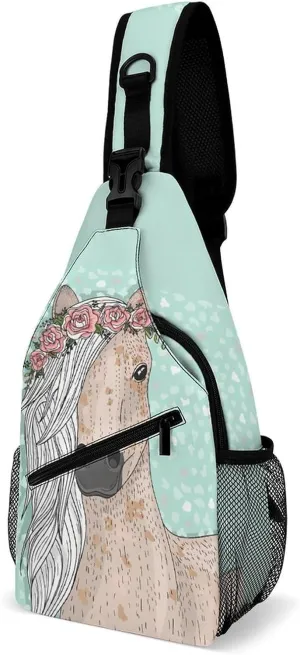 Horse Flower Sling Backpack Men Women Crossbody Backpack Chest Bag Cycling Daypack Travel Bag Small Cross Body Bags Leisure Backpacks