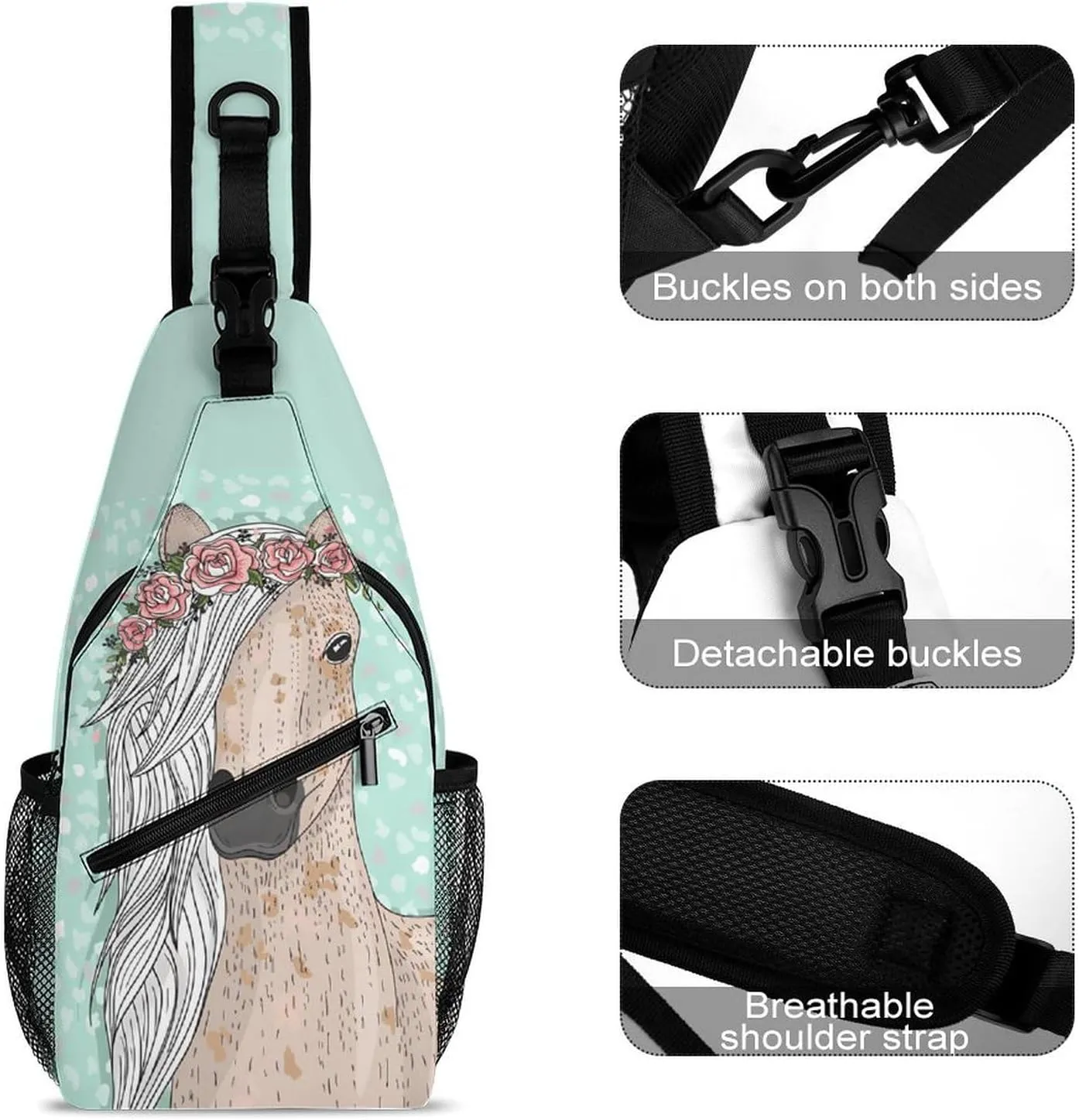 Horse Flower Sling Backpack Men Women Crossbody Backpack Chest Bag Cycling Daypack Travel Bag Small Cross Body Bags Leisure Backpacks