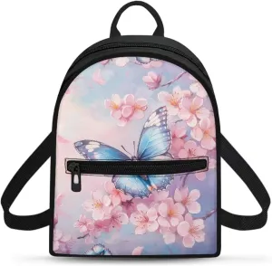 HUGS IDEA Cherry Blossom Butterfly Backpack Purse for Women Mini Backpacks for School Water-Resistant Small Back Pack Shoulder Bag for Travel Vacation Daypack Backpack