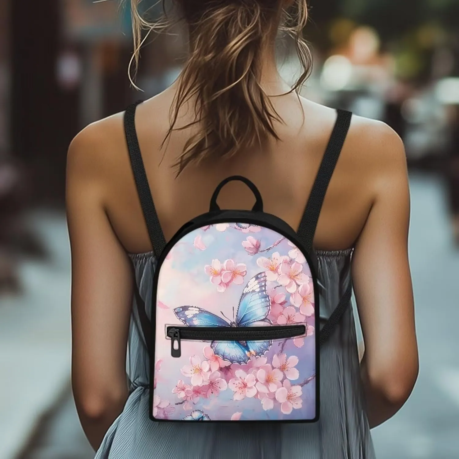 HUGS IDEA Cherry Blossom Butterfly Backpack Purse for Women Mini Backpacks for School Water-Resistant Small Back Pack Shoulder Bag for Travel Vacation Daypack Backpack