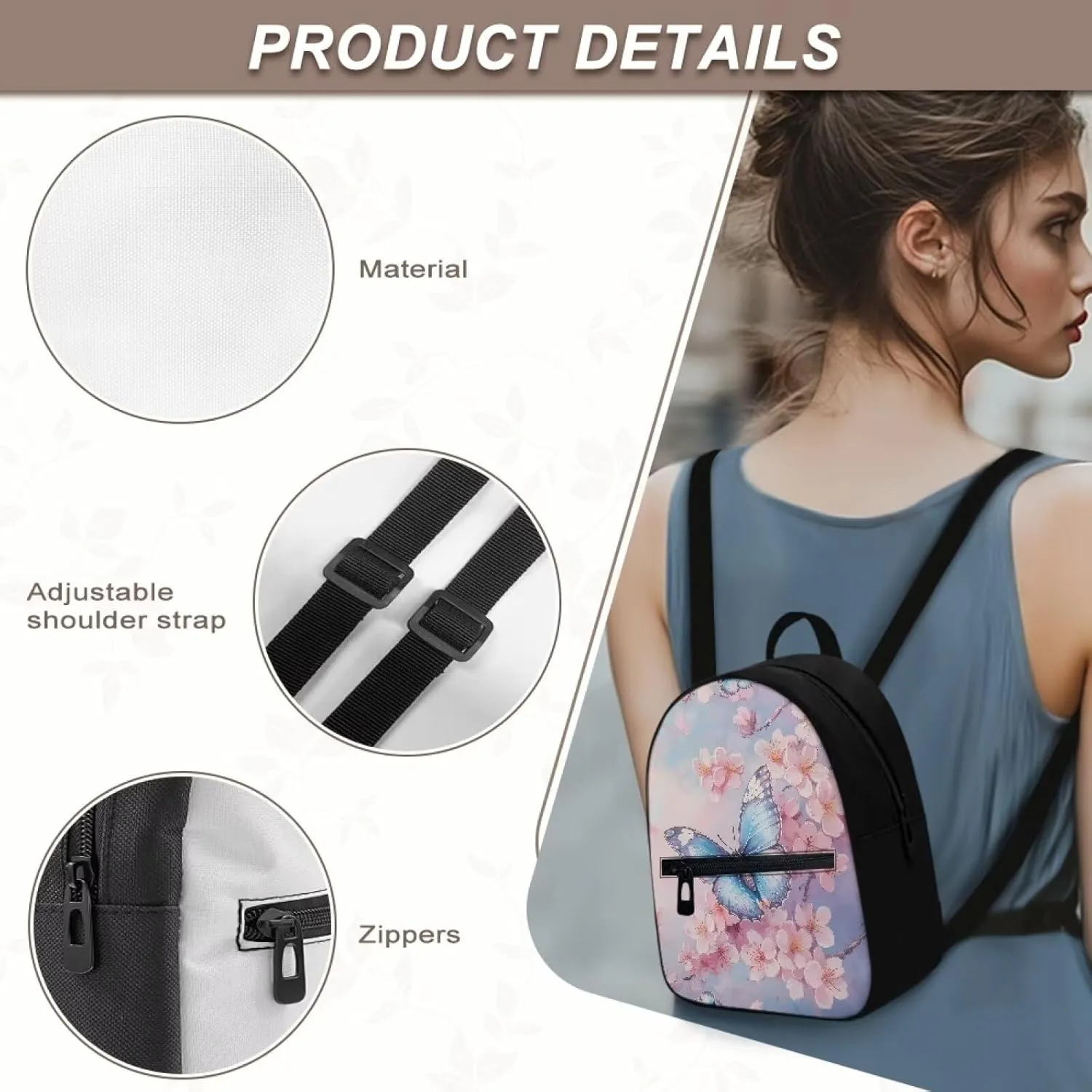 HUGS IDEA Cherry Blossom Butterfly Backpack Purse for Women Mini Backpacks for School Water-Resistant Small Back Pack Shoulder Bag for Travel Vacation Daypack Backpack