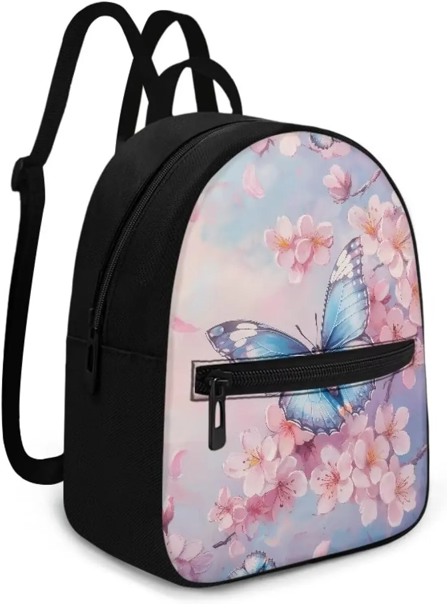 HUGS IDEA Cherry Blossom Butterfly Backpack Purse for Women Mini Backpacks for School Water-Resistant Small Back Pack Shoulder Bag for Travel Vacation Daypack Backpack